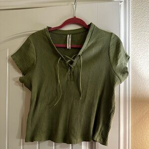 Anthropologie Ribbed Tie Neck Top in Moss